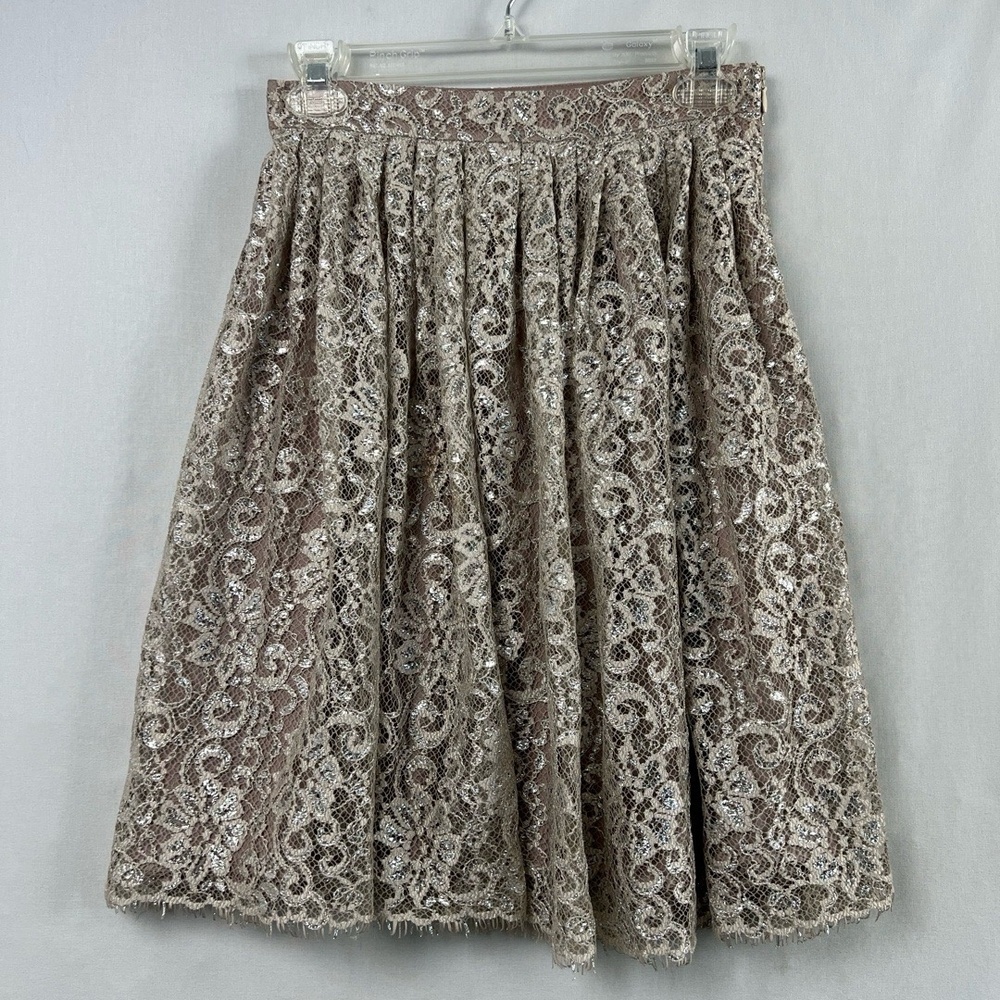 HD Paris Mini Skirt Womens size 2 Beige Silver Lace Pleated Flowy Holiday Party
